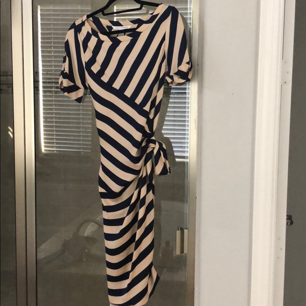 Diane Von Furstenberg Navy and Cream Striped Wrap Dress